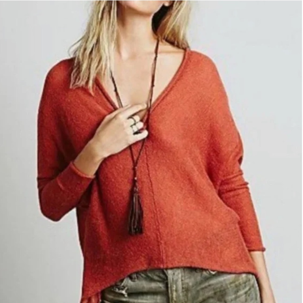 FREE PEOPLE Wool Alpaca Blend V-Neck Pullover Sweater Rust